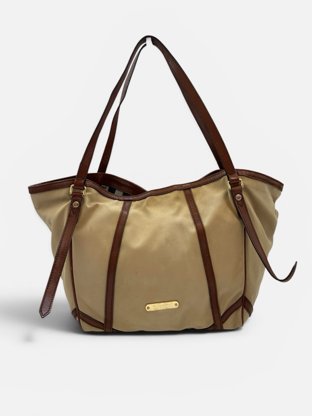 Burberry Beige Nylon Leather Tote Bag Shoulder Bag Vintage Nova Check Style